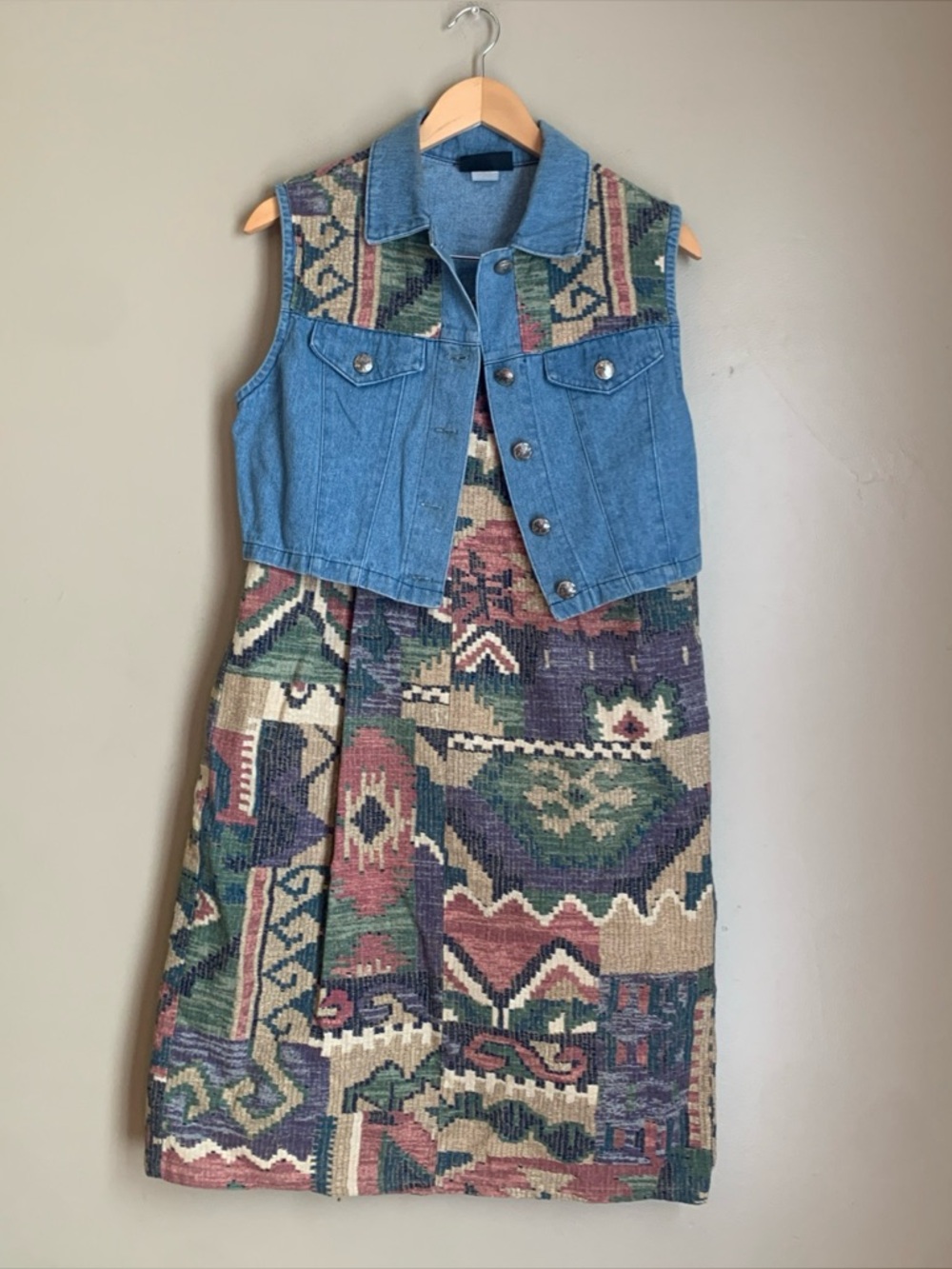 Vtg Circle T Marilyn Lenox Rough Rider Western Cowgirl Denim Vest Skirt Aztec S